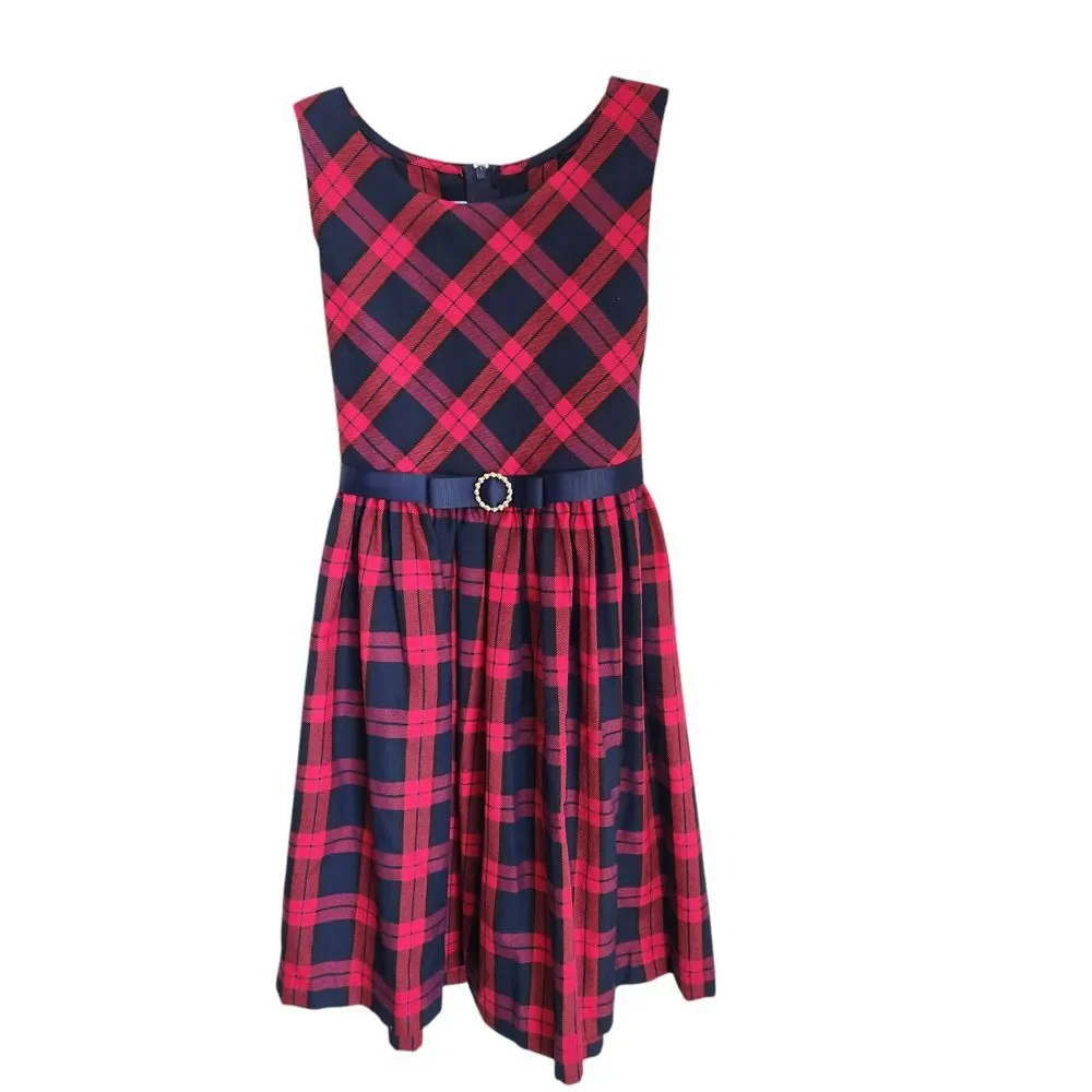 Bonnie Jean Girls Sleeveless Dress Red Blue Tartan Plaid Size 8 Christmas Formal